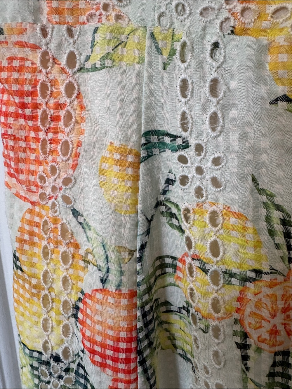 Sunny Lemon and Orange Print Eyelet sleeveless lined Midi Dress - Picture 4 of 14